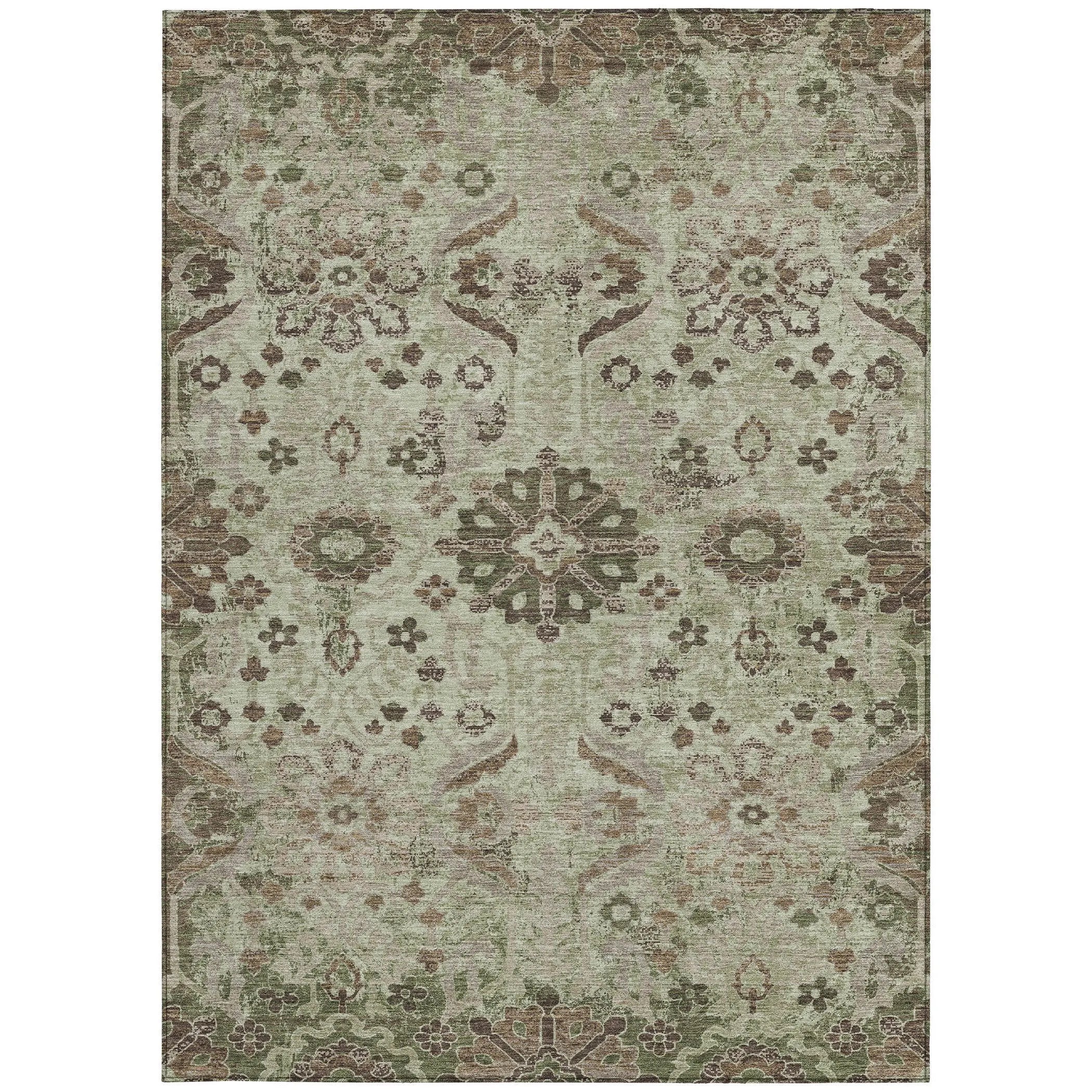 9' X 12' Green And Khaki Damask Washable Indoor Outdoor Area Rug Homeroots Outdoor