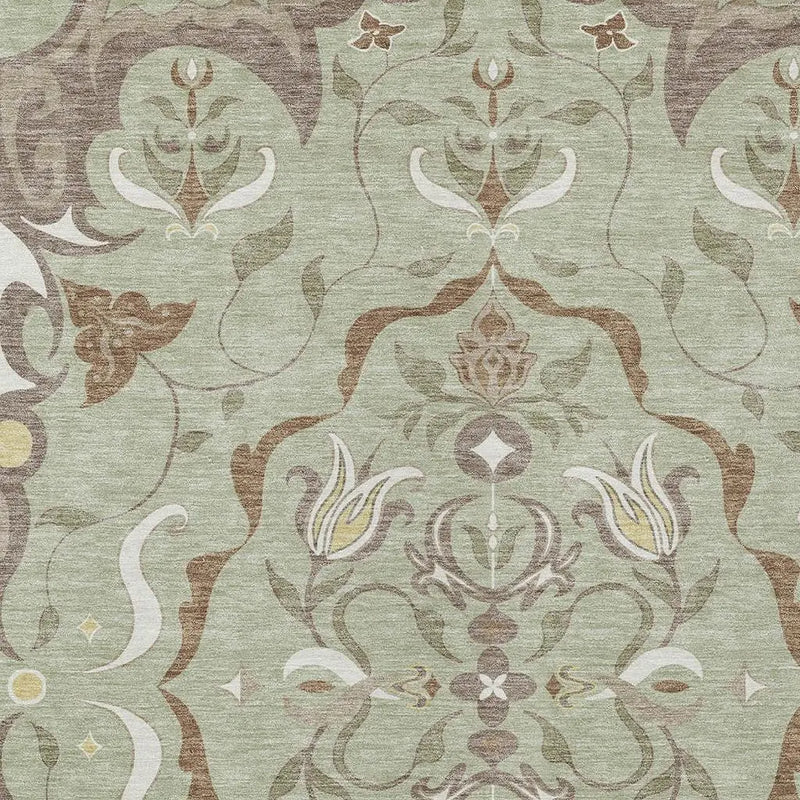 9' X 12' Green And Khaki Damask Washable Indoor Outdoor Area Rug Homeroots Outdoor