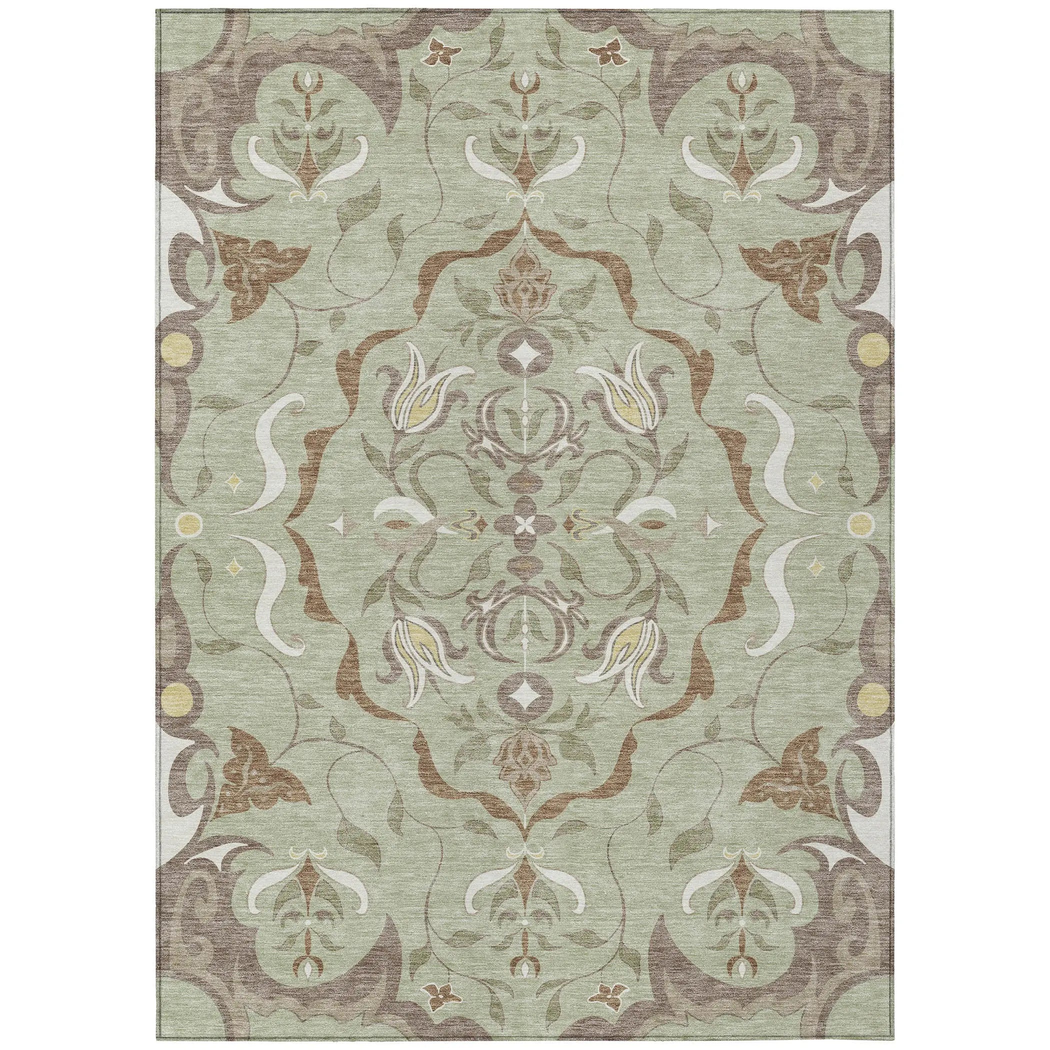 9' X 12' Green And Khaki Damask Washable Indoor Outdoor Area Rug Homeroots Outdoor