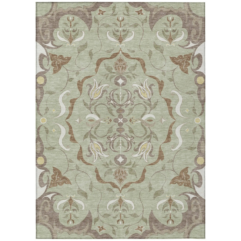 9' X 12' Green And Khaki Damask Washable Indoor Outdoor Area Rug Homeroots Outdoor