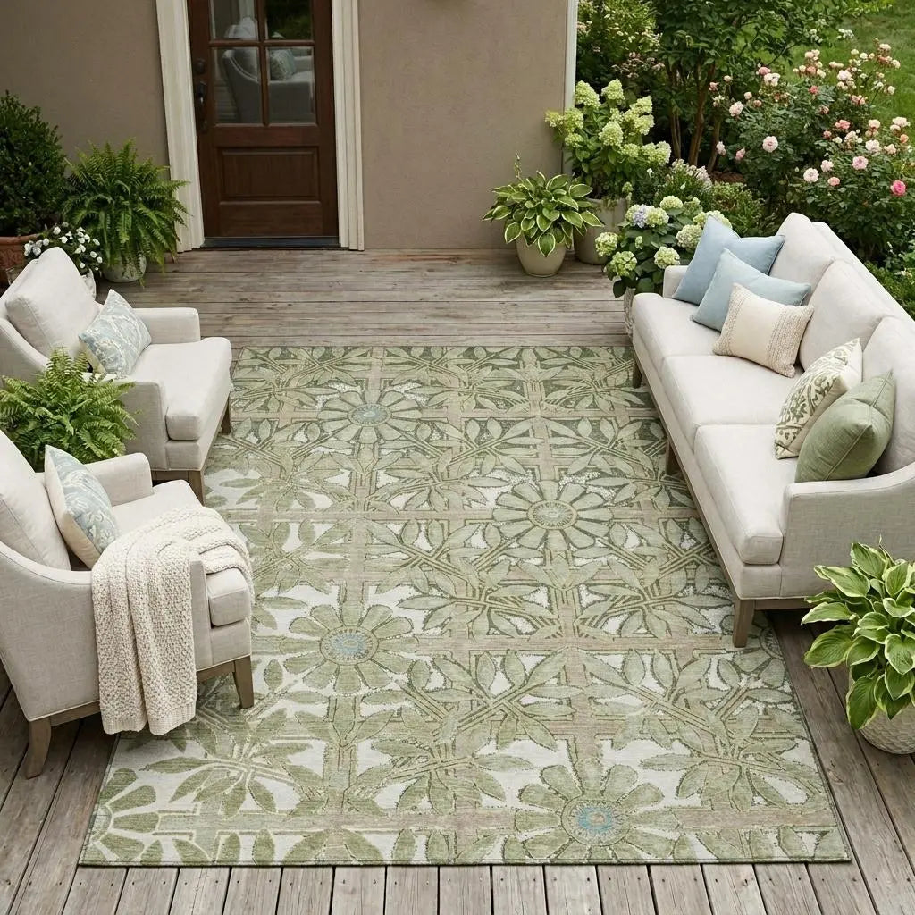 9' X 12' Green And Khaki Floral Washable Indoor Outdoor Area Rug Homeroots Outdoor