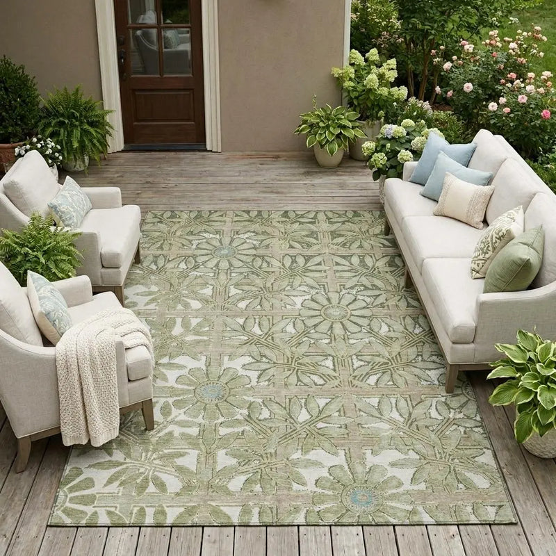 9' X 12' Green And Khaki Floral Washable Indoor Outdoor Area Rug Homeroots Outdoor