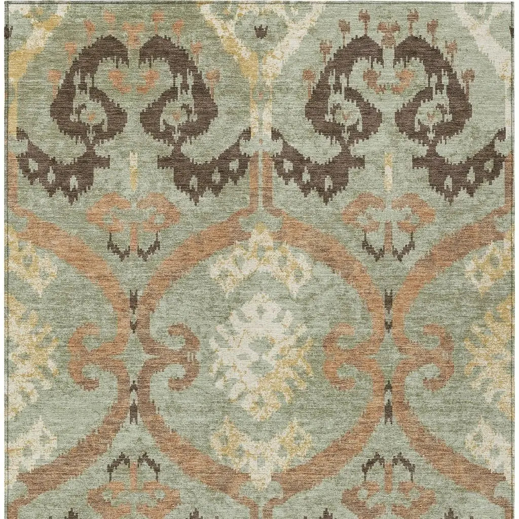 9' X 12' Green And Khaki Ikat Washable Indoor Outdoor Area Rug Homeroots Outdoor