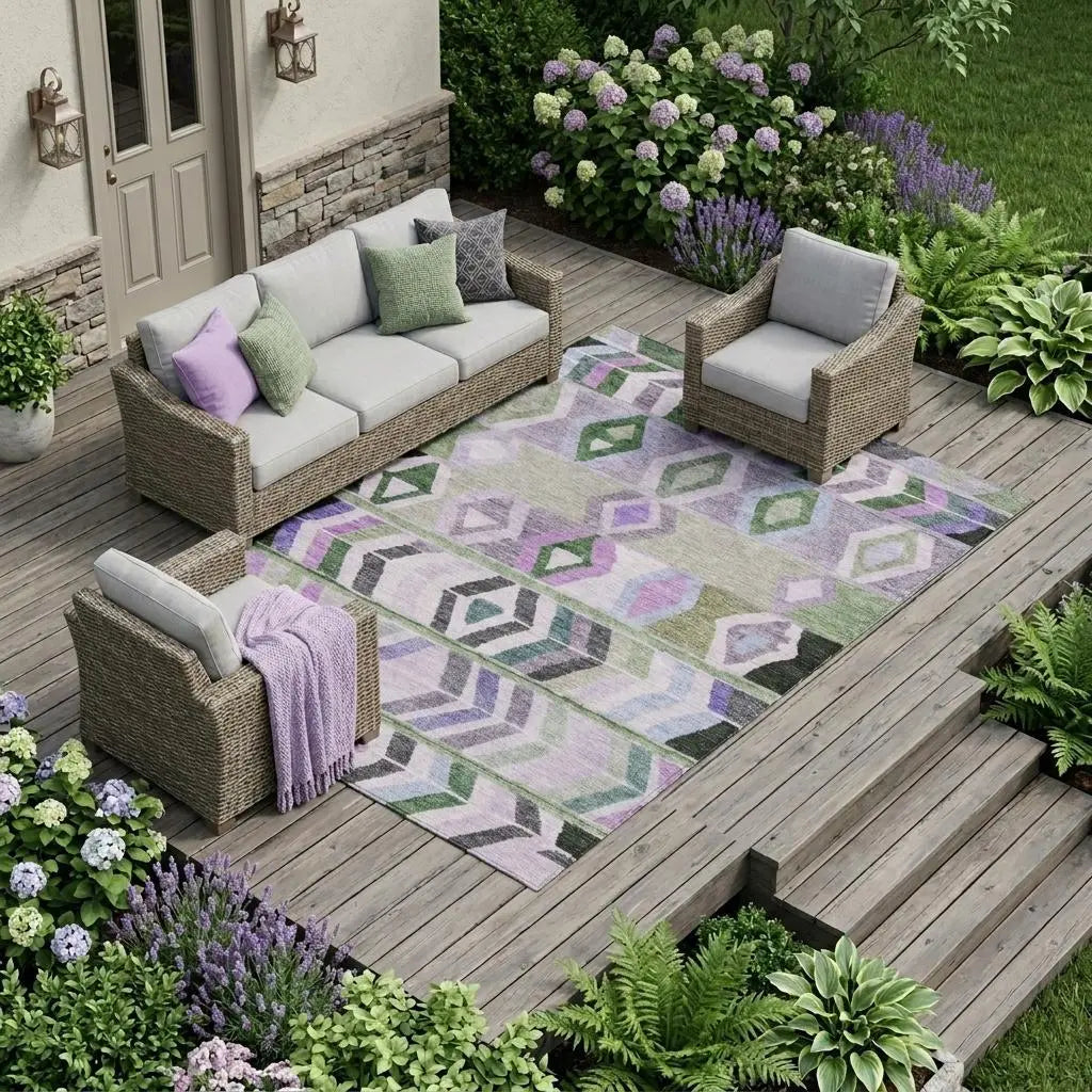 9' X 12' Green And Lavender Tribal Washable Indoor Outdoor Area Rug Homeroots Outdoor