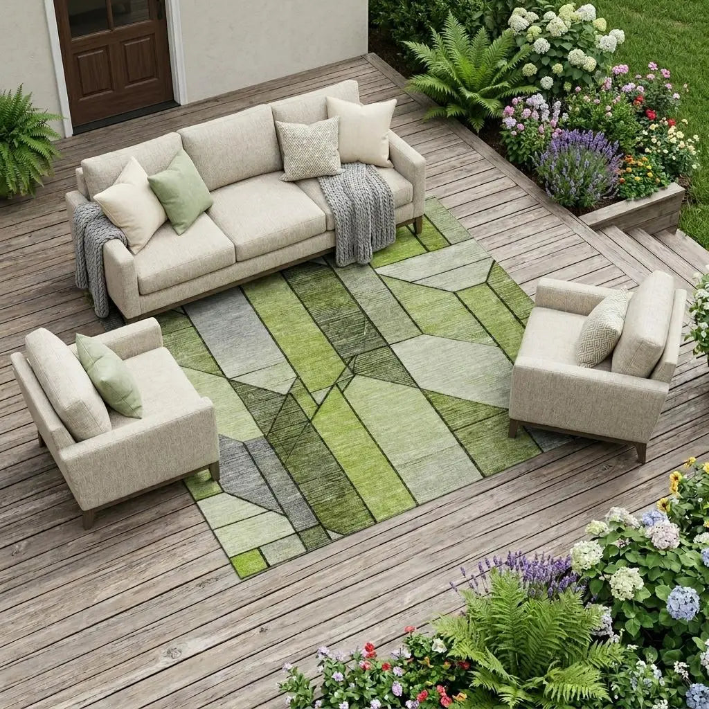 9' X 12' Green And Lime Green Geometric Washable Indoor Outdoor Area Rug Homeroots Outdoor