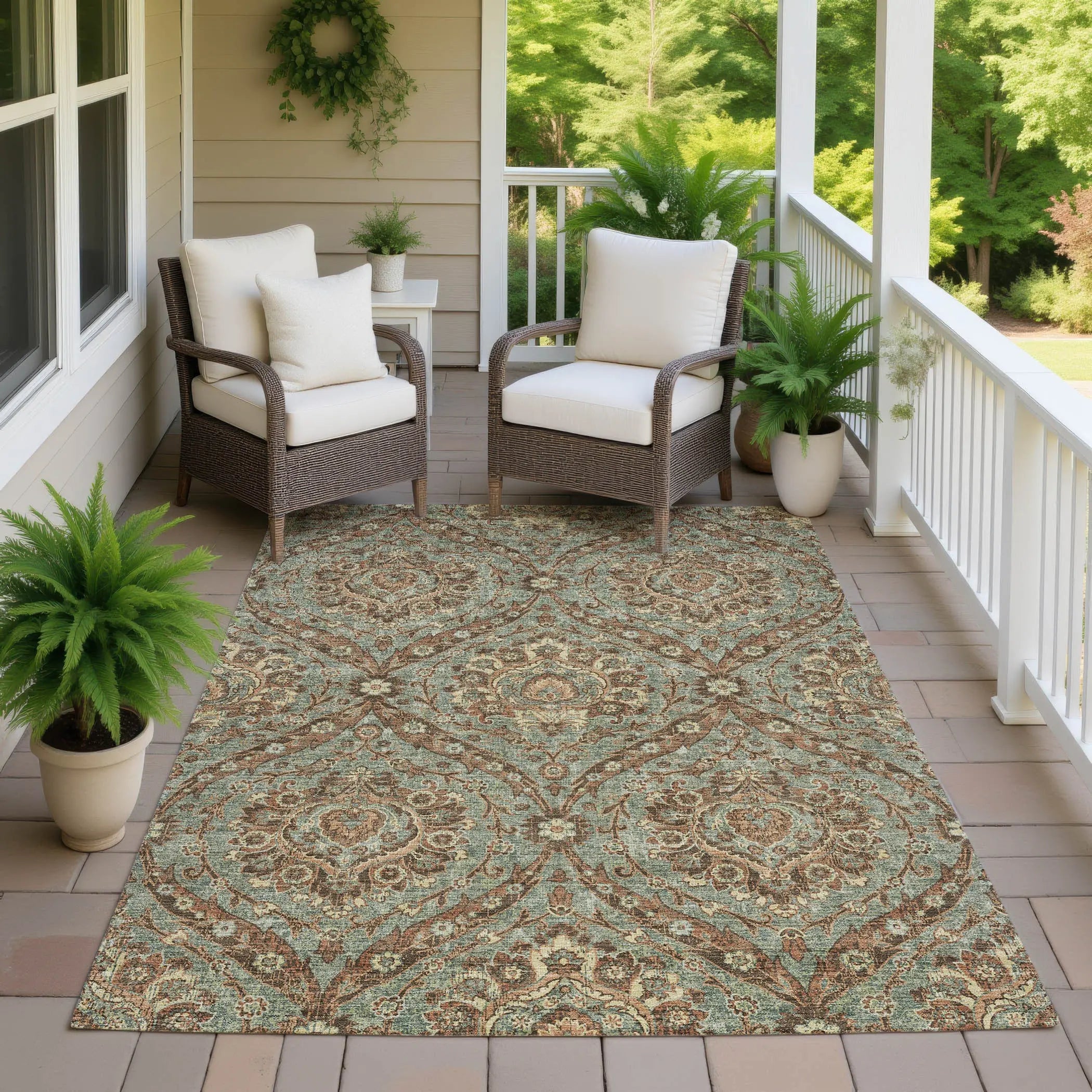 9' X 12' Green And Linen Floral Washable Indoor Outdoor Area Rug Homeroots Outdoor
