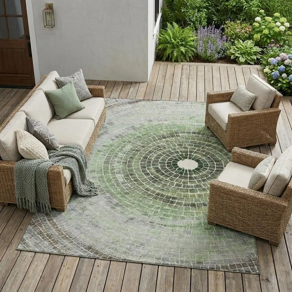 9' X 12' Green And Olive Green Geometric Washable Indoor Outdoor Area Rug Homeroots Outdoor