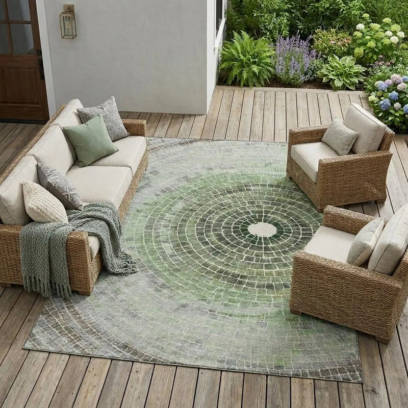 9' X 12' Green And Olive Green Geometric Washable Indoor Outdoor Area Rug Homeroots Outdoor