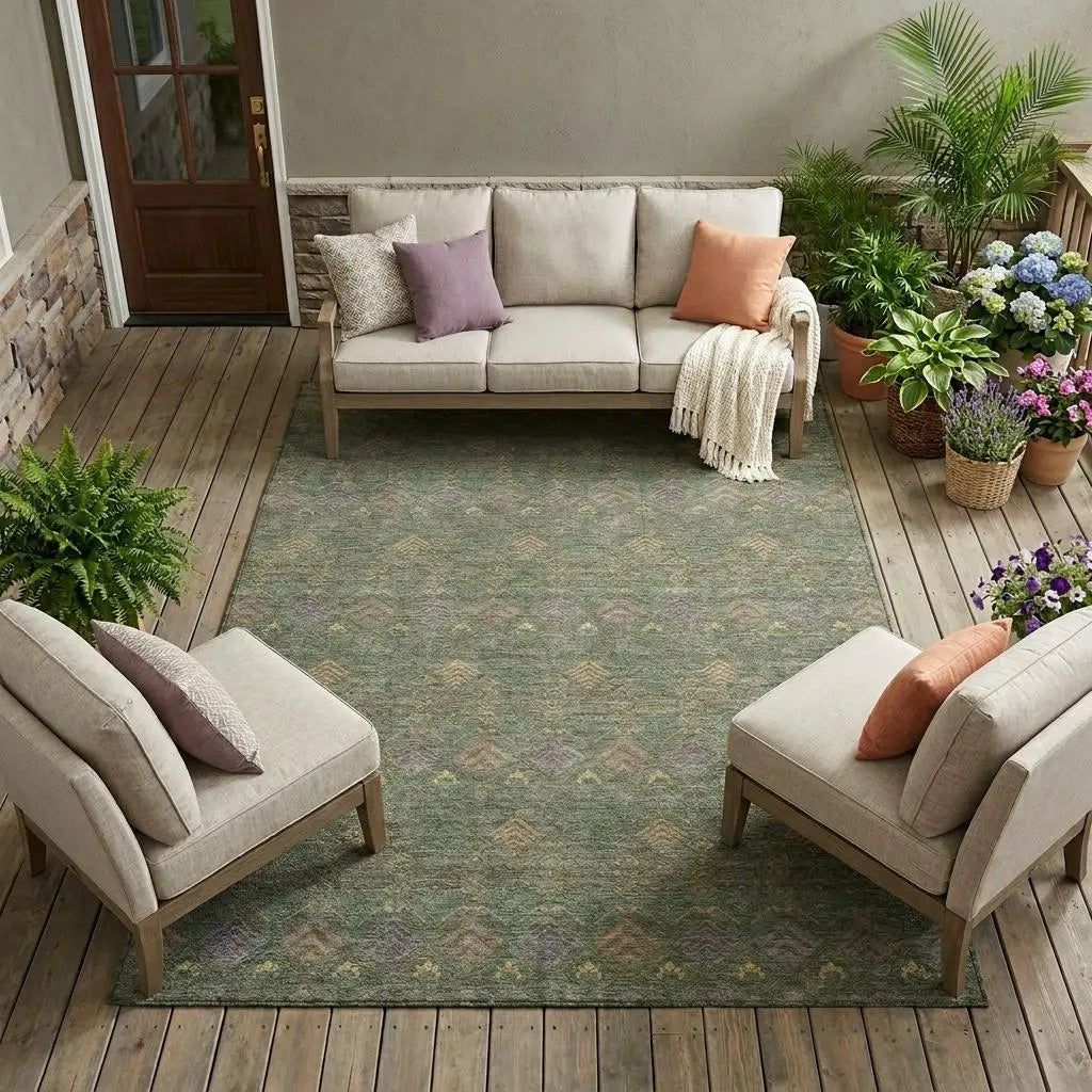 9' X 12' Green And Olive Green Geometric Washable Indoor Outdoor Area Rug Homeroots Outdoor