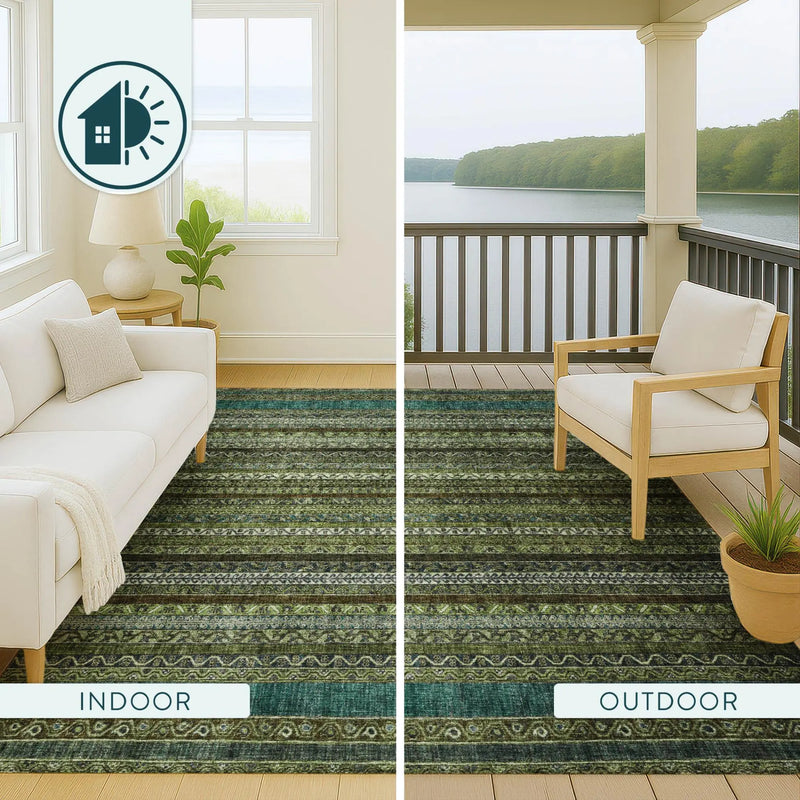 9' X 12' Green And Olive Green Striped Washable Indoor Outdoor Area Rug Homeroots Outdoor
