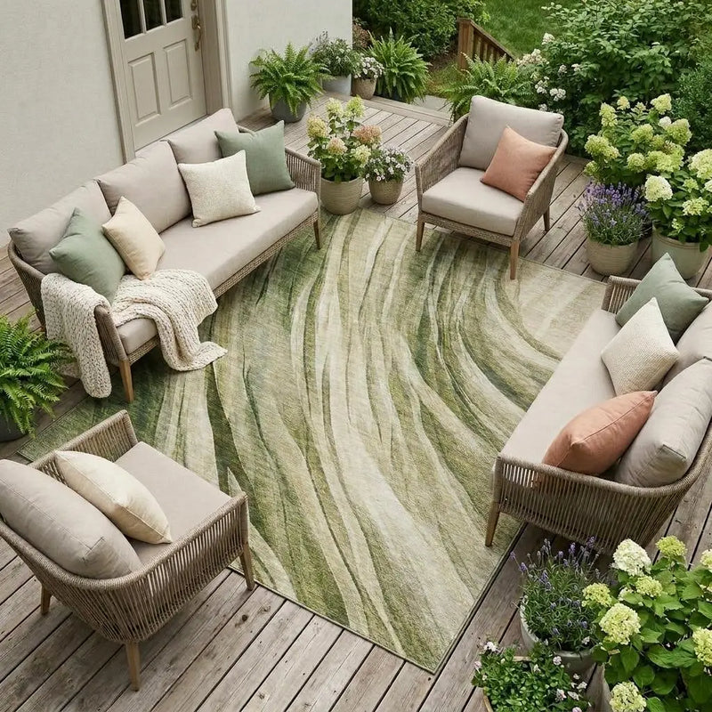 9' X 12' Green And Sage Abstract Washable Indoor Outdoor Area Rug Homeroots Outdoor