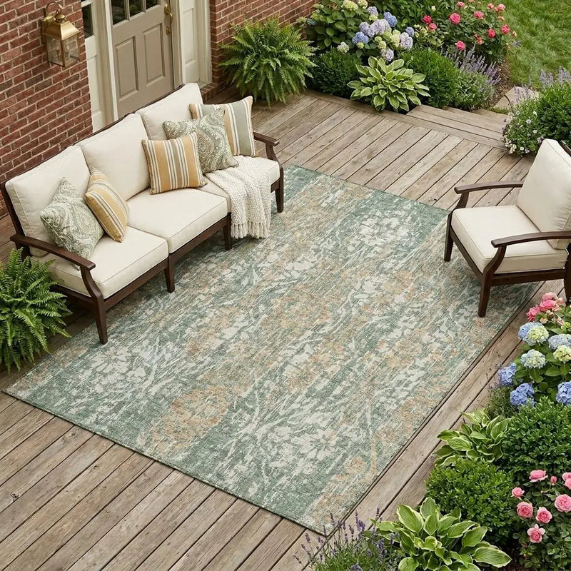 9' X 12' Green And Sage Damask Washable Indoor Outdoor Area Rug Homeroots Outdoor