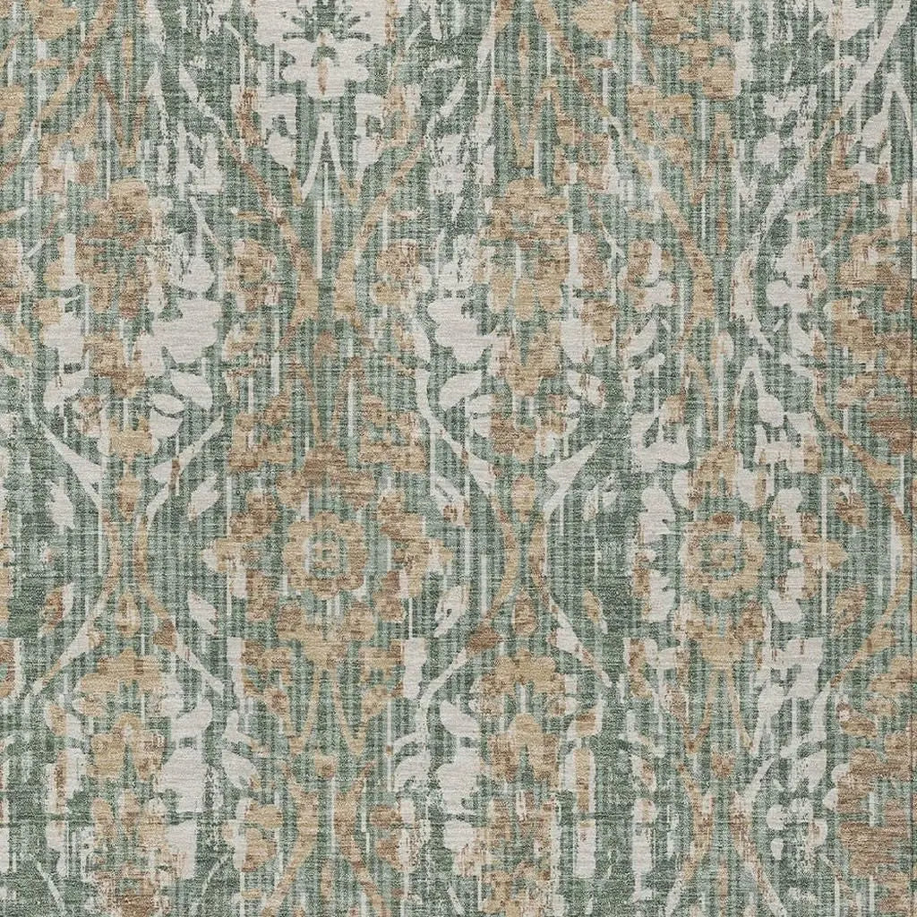 9' X 12' Green And Sage Damask Washable Indoor Outdoor Area Rug Homeroots Outdoor