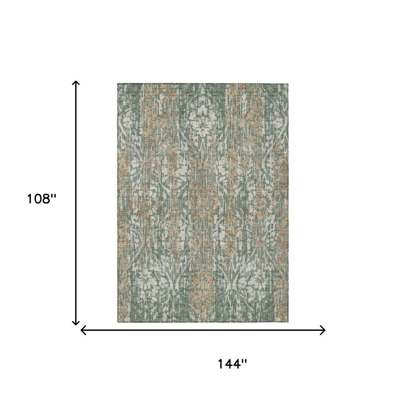 9' X 12' Green And Sage Damask Washable Indoor Outdoor Area Rug Homeroots Outdoor