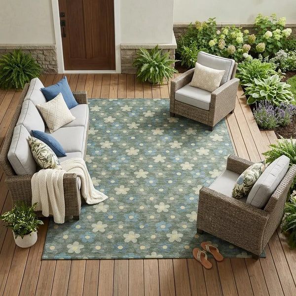 9' X 12' Green And Sage Floral Washable Indoor Outdoor Area Rug Homeroots Outdoor