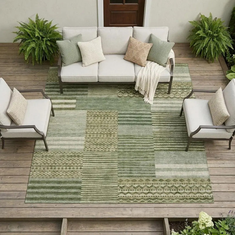 9' X 12' Green And Sage Striped Washable Indoor Outdoor Area Rug Homeroots Outdoor