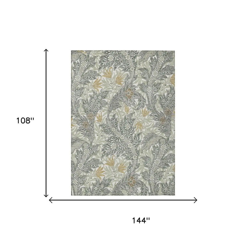 9' X 12' Green And Silver Botanical Leaves Washable Indoor Outdoor Area Rug Homeroots Outdoor