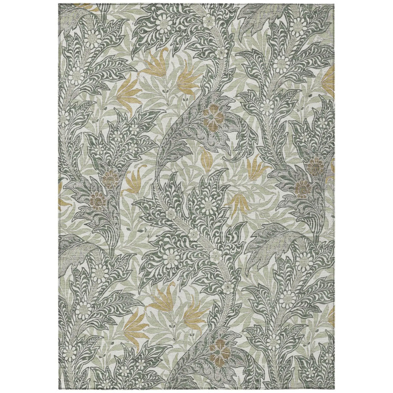 9' X 12' Green And Silver Botanical Leaves Washable Indoor Outdoor Area Rug Homeroots Outdoor