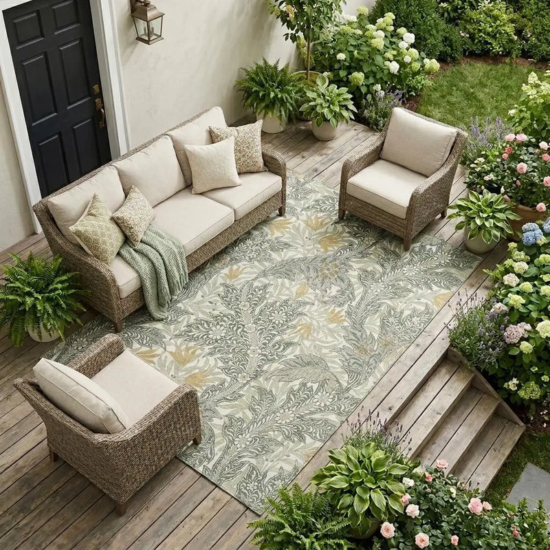 9' X 12' Green And Silver Botanical Leaves Washable Indoor Outdoor Area Rug Homeroots Outdoor