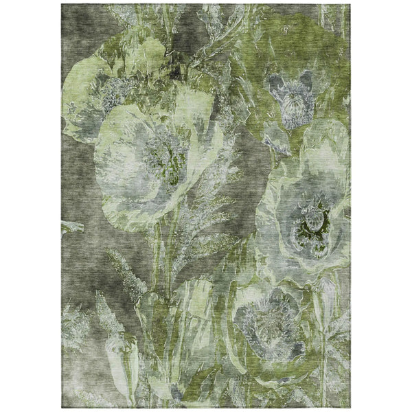 9' X 12' Green And Silver Floral Washable Indoor Outdoor Area Rug Homeroots Outdoor