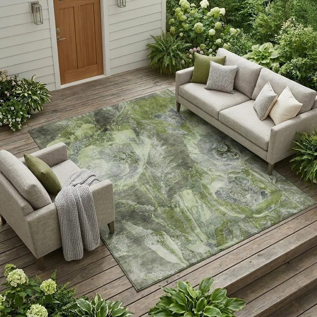 9' X 12' Green And Silver Floral Washable Indoor Outdoor Area Rug Homeroots Outdoor