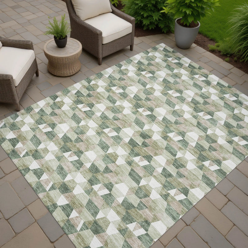 9' X 12' Green And Silver Geometric Washable Indoor Outdoor Area Rug Homeroots Outdoor