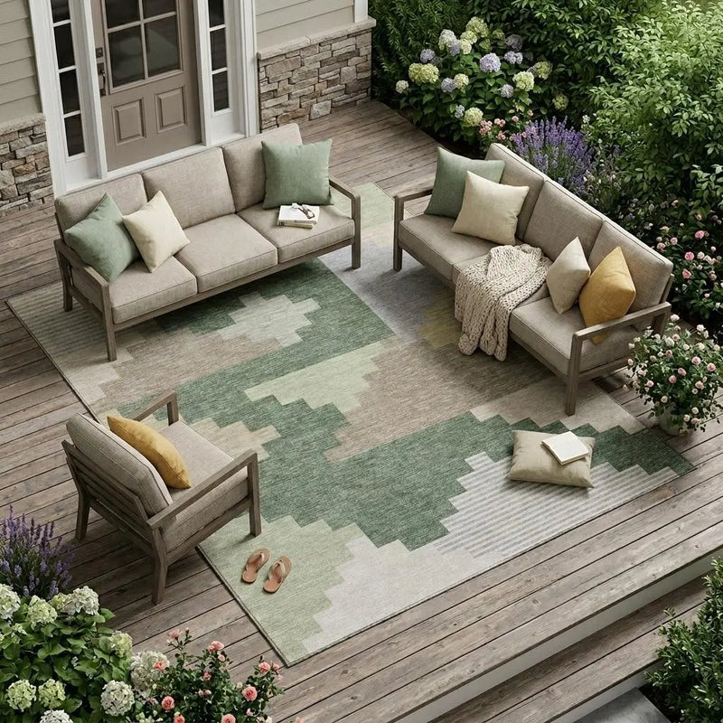 9' X 12' Green And Silver Geometric Washable Indoor Outdoor Area Rug Homeroots Outdoor