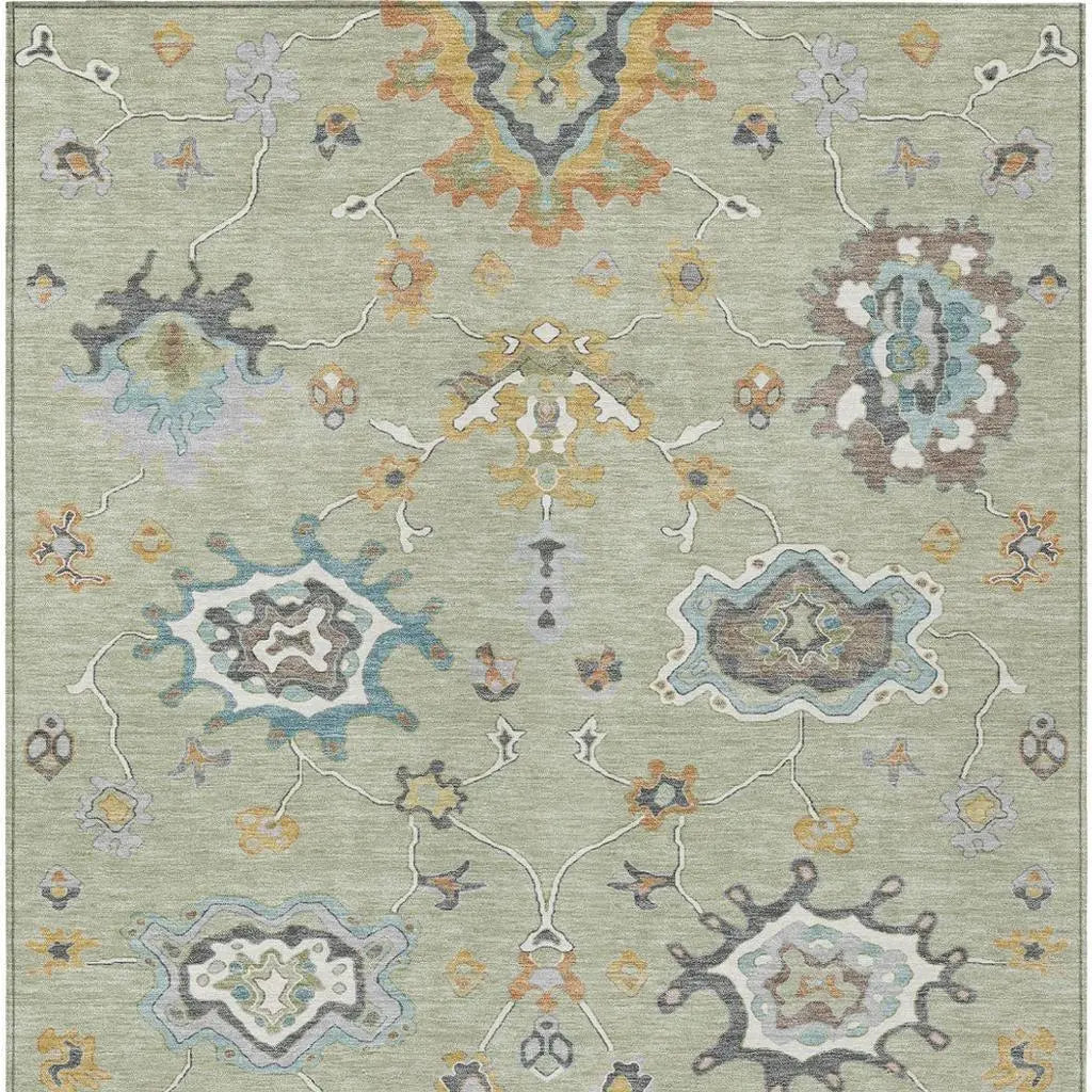 9' X 12' Green And Silver Oriental Washable Indoor Outdoor Area Rug Homeroots Outdoor