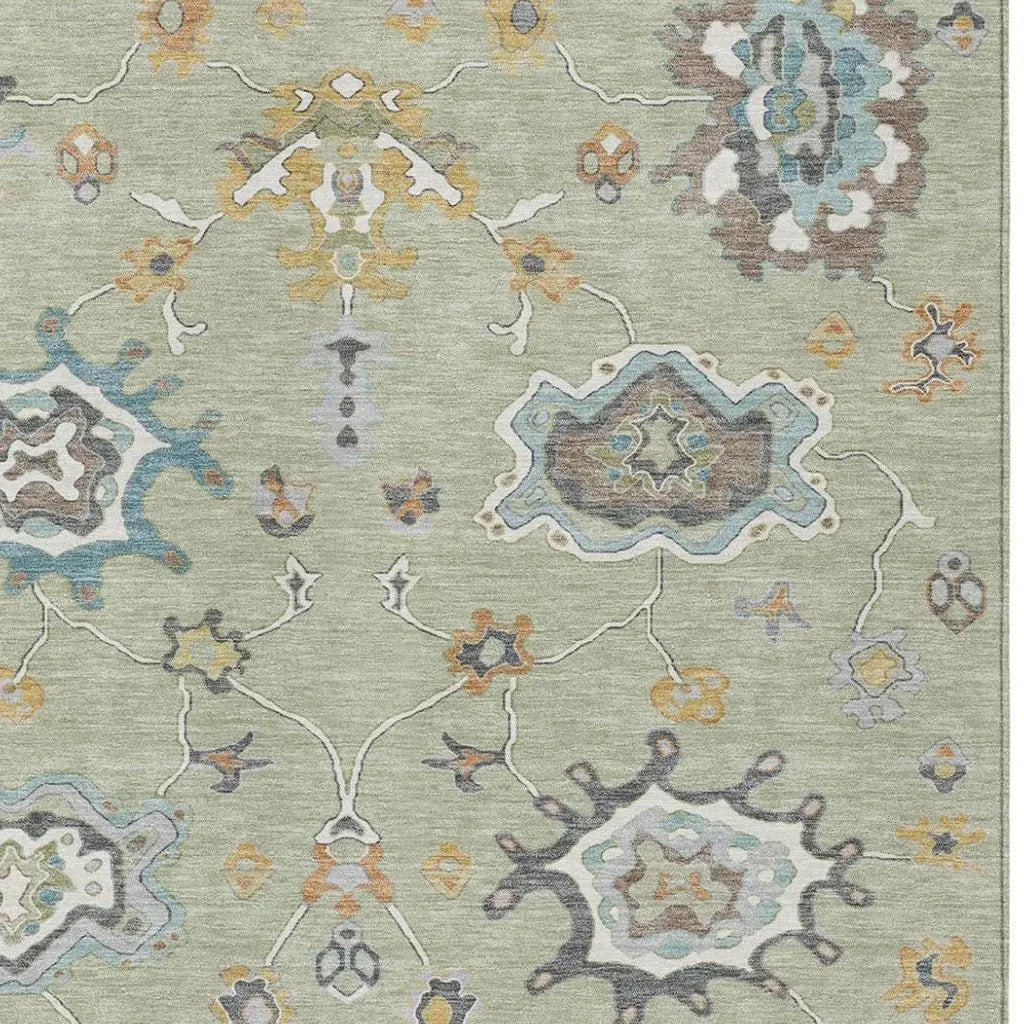 9' X 12' Green And Silver Oriental Washable Indoor Outdoor Area Rug Homeroots Outdoor