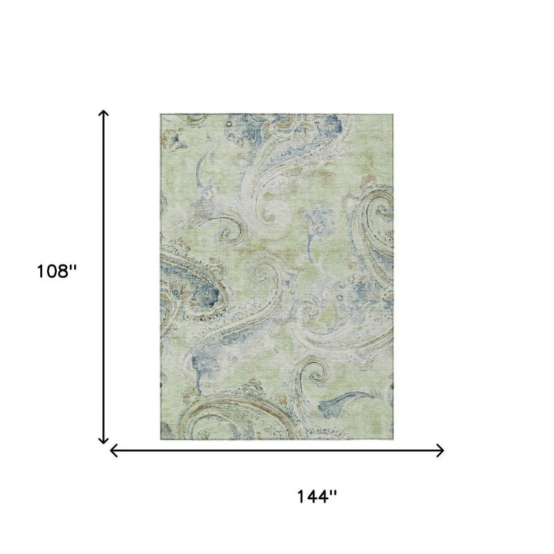 9' X 12' Green And Silver Paisley Washable Indoor Outdoor Area Rug Homeroots Outdoor