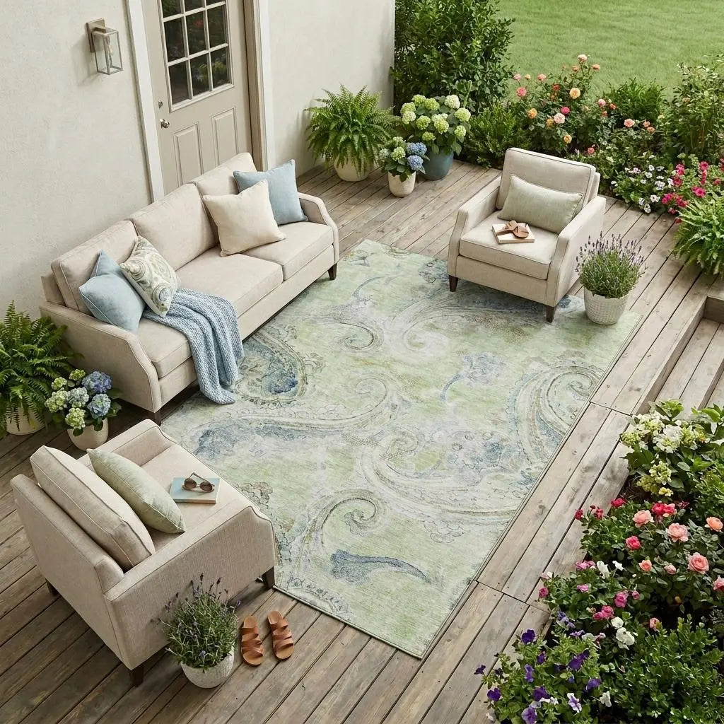 9' X 12' Green And Silver Paisley Washable Indoor Outdoor Area Rug Homeroots Outdoor