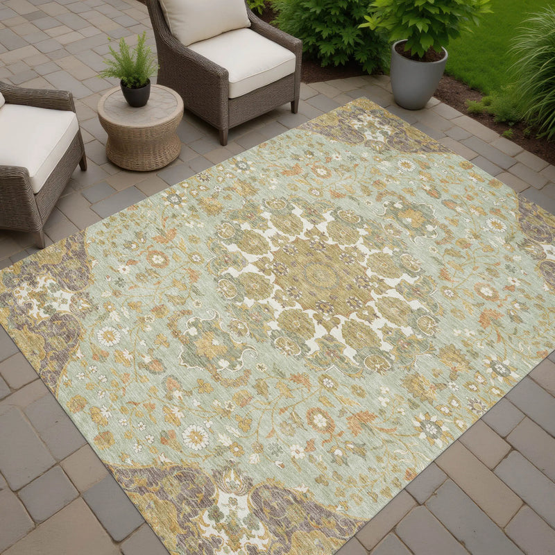 9' X 12' Green And Taupe Damask Washable Indoor Outdoor Area Rug Homeroots Outdoor