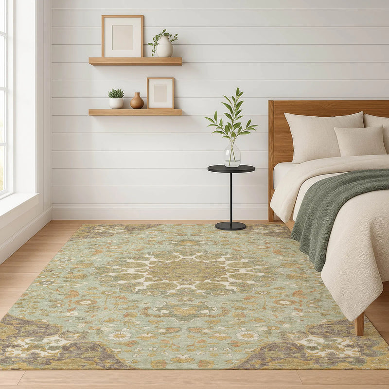 9' X 12' Green And Taupe Damask Washable Indoor Outdoor Area Rug Homeroots Outdoor