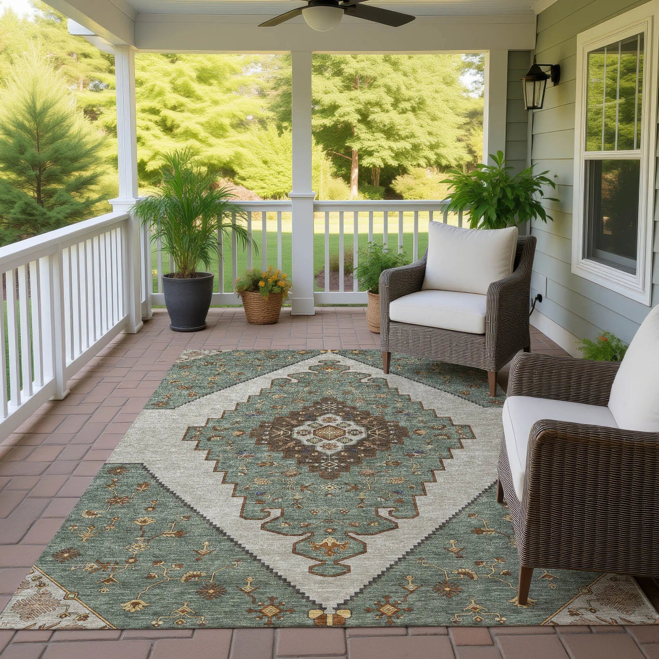 9' X 12' Green And Taupe Geometric Washable Indoor Outdoor Area Rug Homeroots Outdoor