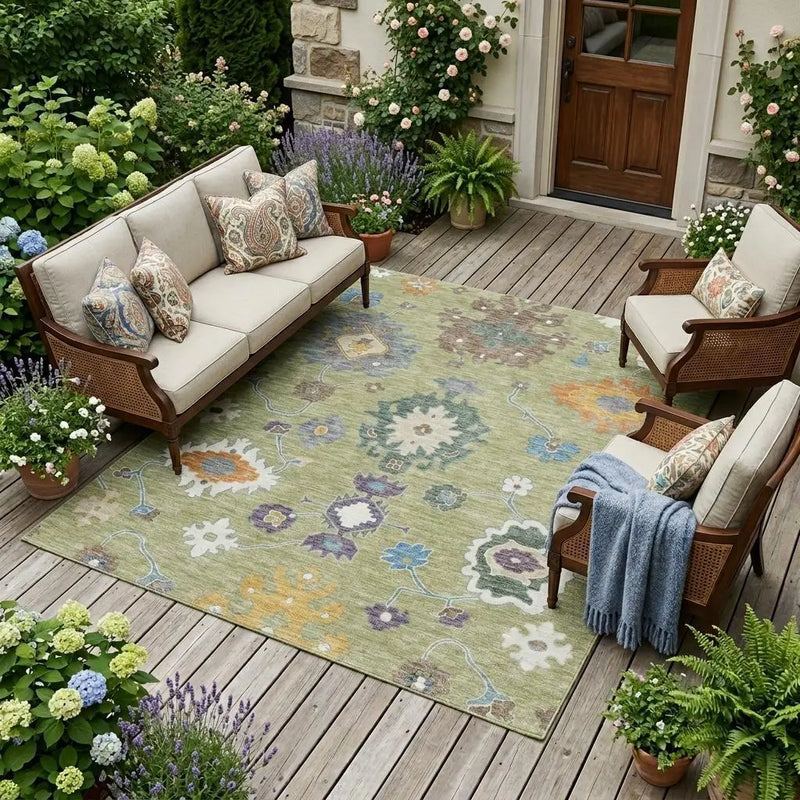 9' X 12' Green And Taupe Oriental Washable Indoor Outdoor Area Rug Homeroots Outdoor