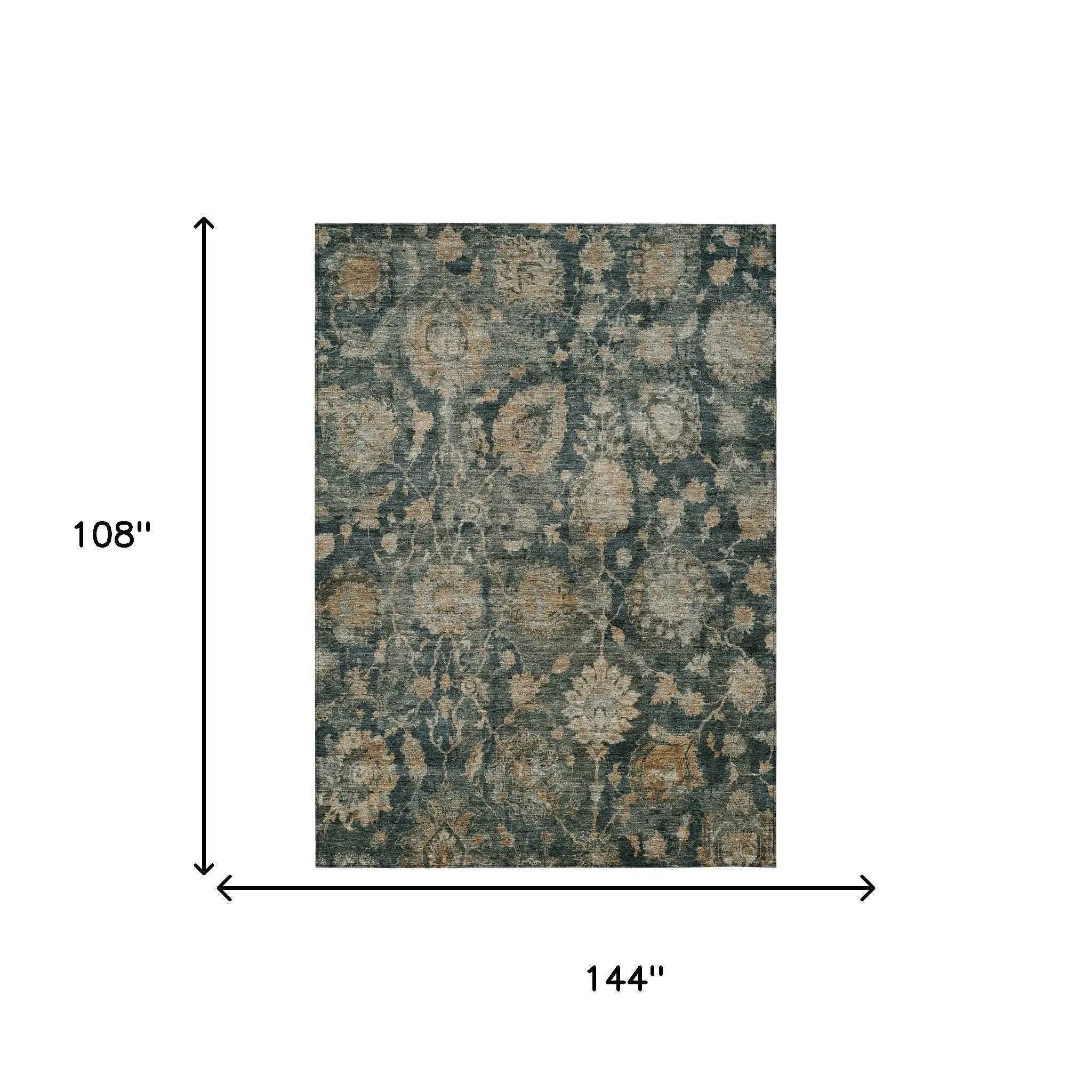 9' X 12' Green And Teal Blue Botanical Leaves Washable Indoor Outdoor Area Rug Homeroots Outdoor