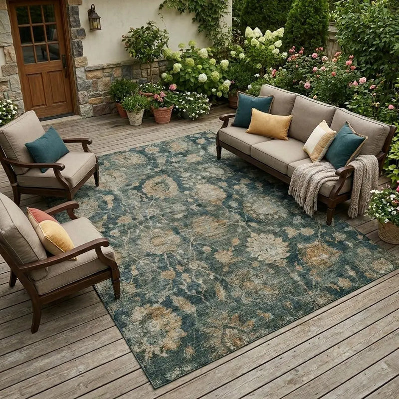 9' X 12' Green And Teal Blue Botanical Leaves Washable Indoor Outdoor Area Rug Homeroots Outdoor