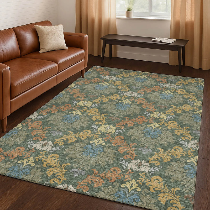9' X 12' Green And Teal Blue Damask Washable Indoor Outdoor Area Rug Homeroots Outdoor