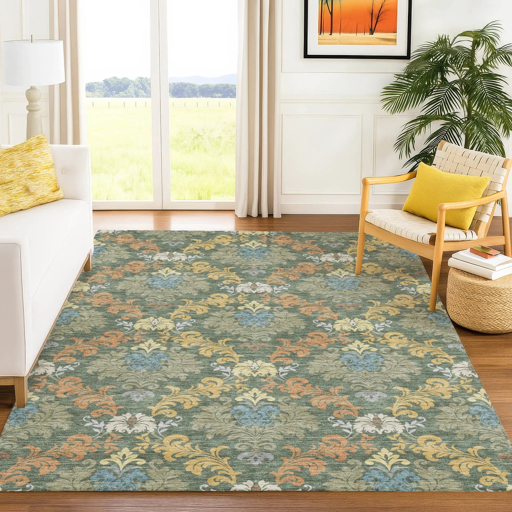 9' X 12' Green And Teal Blue Damask Washable Indoor Outdoor Area Rug Homeroots Outdoor