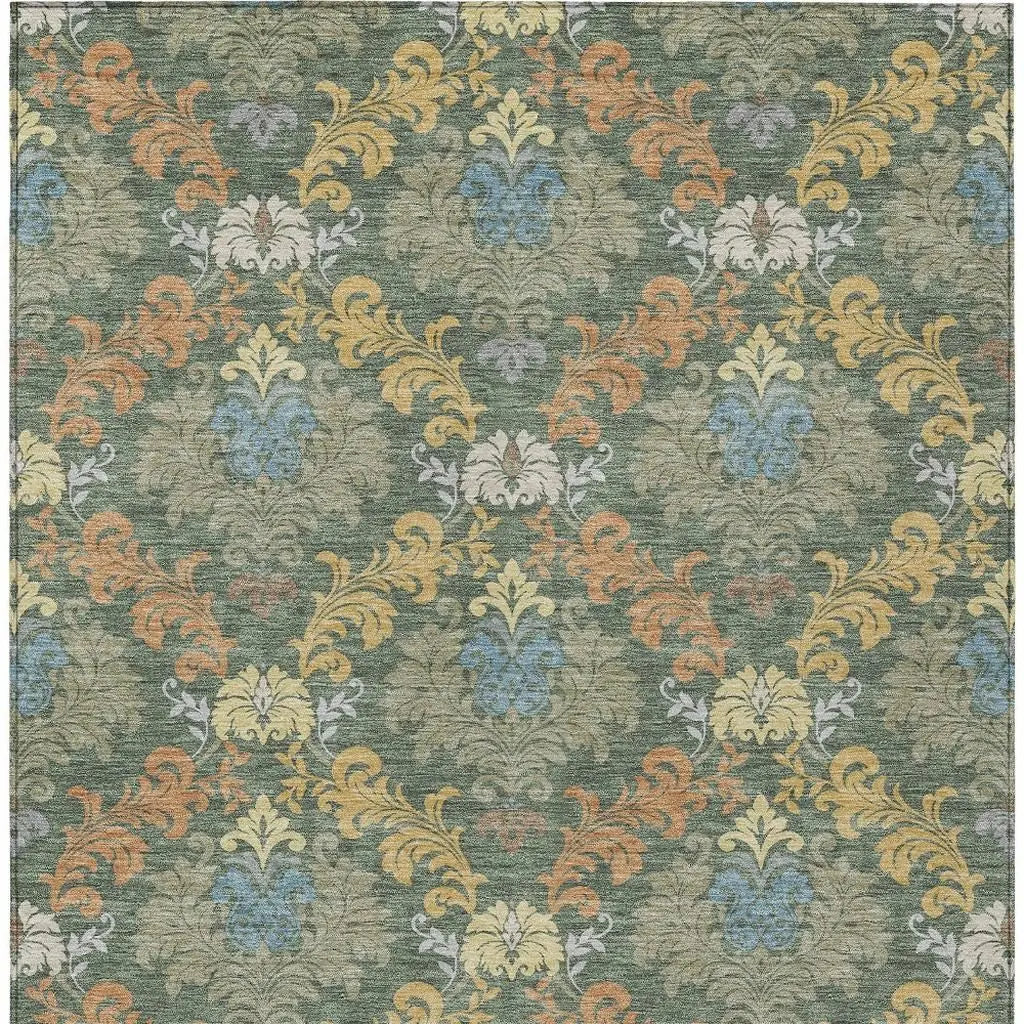 9' X 12' Green And Teal Blue Damask Washable Indoor Outdoor Area Rug Homeroots Outdoor