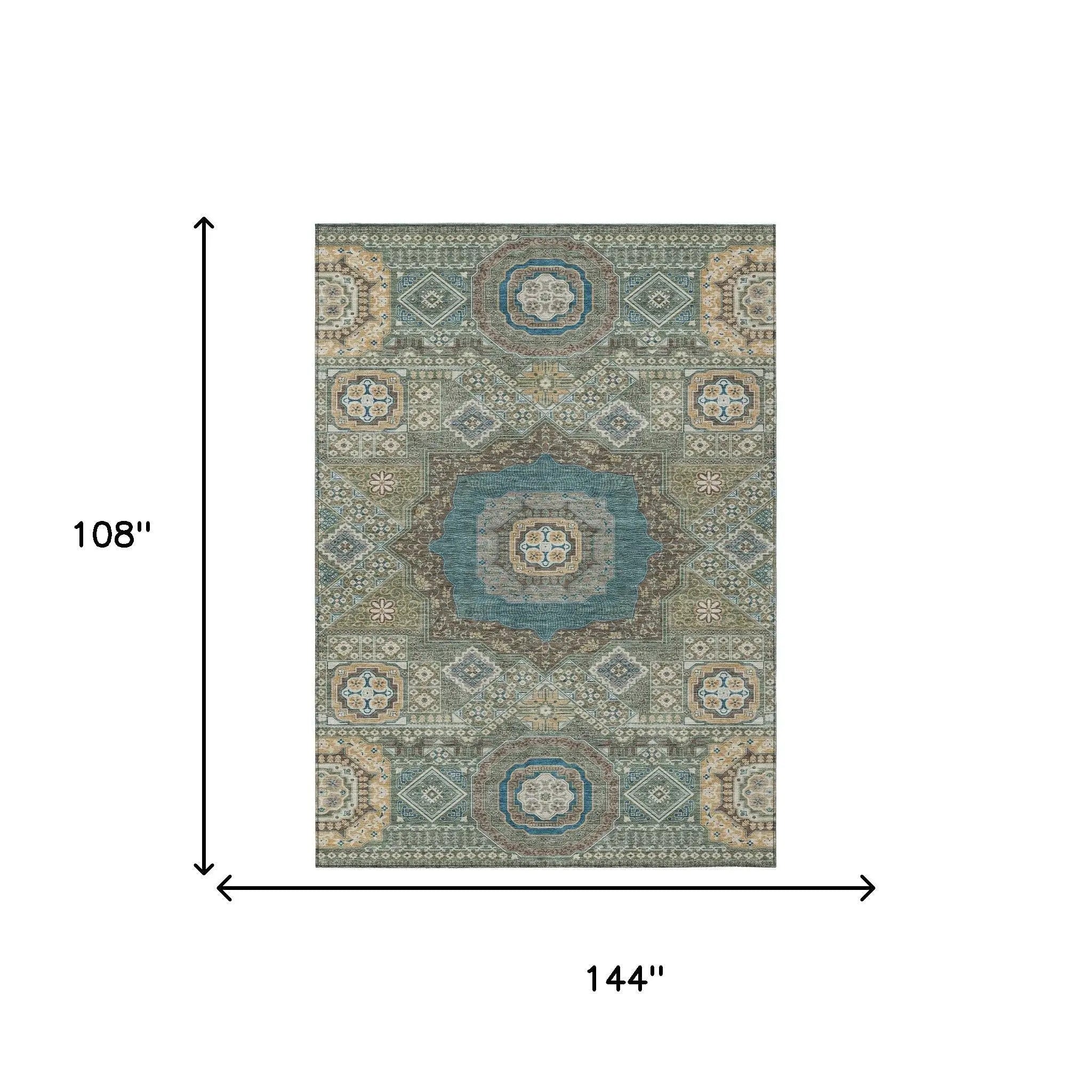 9' X 12' Green And Teal Blue Oriental Washable Indoor Outdoor Area Rug Homeroots Outdoor