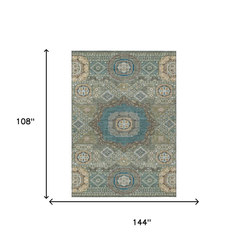 9' X 12' Green And Teal Blue Oriental Washable Indoor Outdoor Area Rug Homeroots Outdoor
