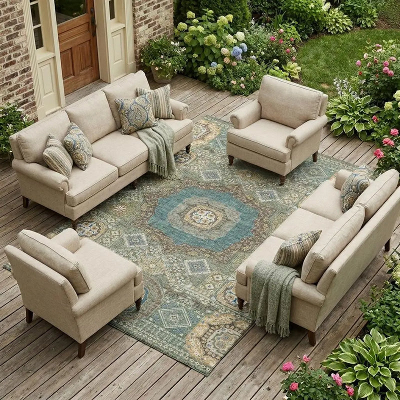 9' X 12' Green And Teal Blue Oriental Washable Indoor Outdoor Area Rug Homeroots Outdoor