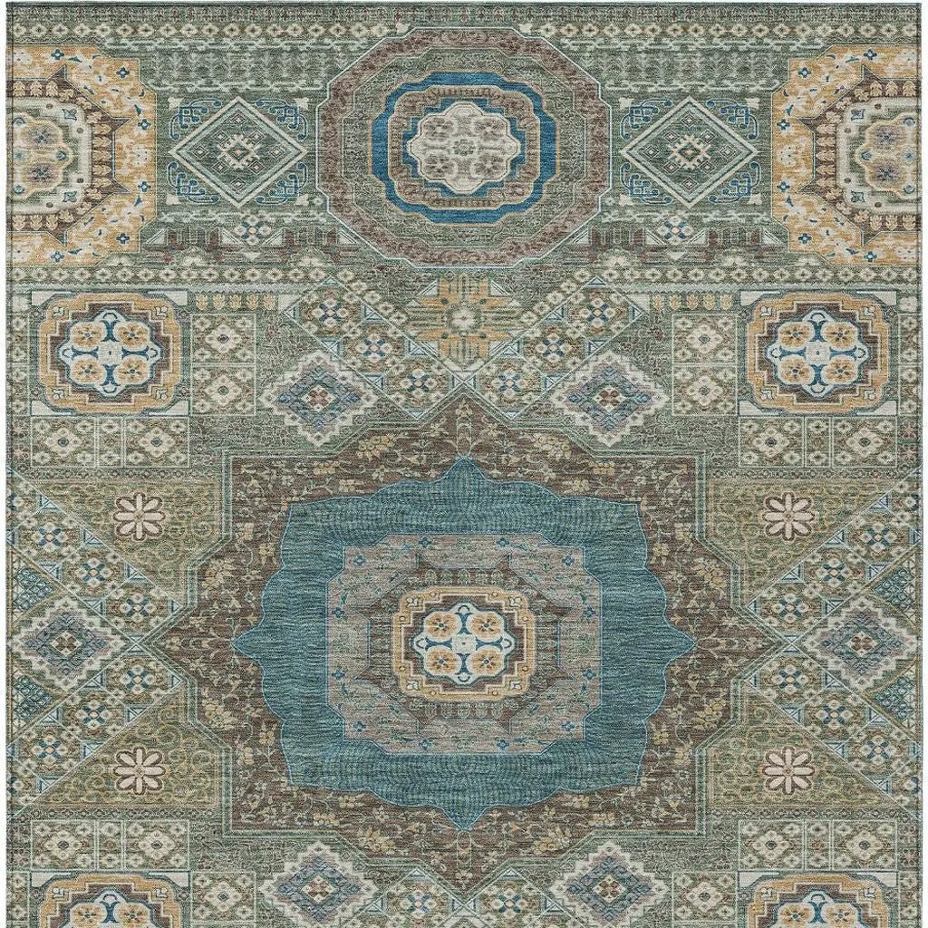 9' X 12' Green And Teal Blue Oriental Washable Indoor Outdoor Area Rug Homeroots Outdoor