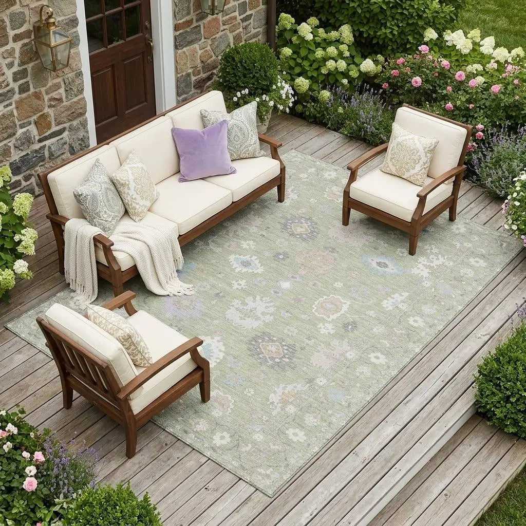 9' X 12' Green And Teal Blue Oriental Washable Indoor Outdoor Area Rug Homeroots Outdoor