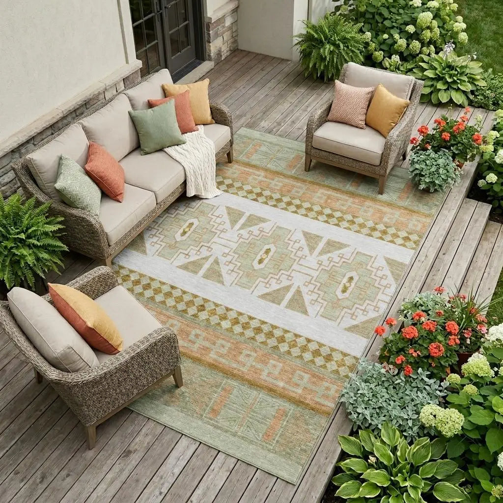 9' X 12' Green And Teal Blue Tribal Washable Indoor Outdoor Area Rug Homeroots Outdoor