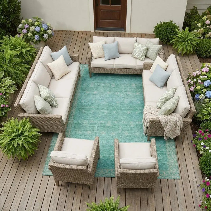 9' X 12' Green And Teal Blue Tribal Washable Indoor Outdoor Area Rug Homeroots Outdoor