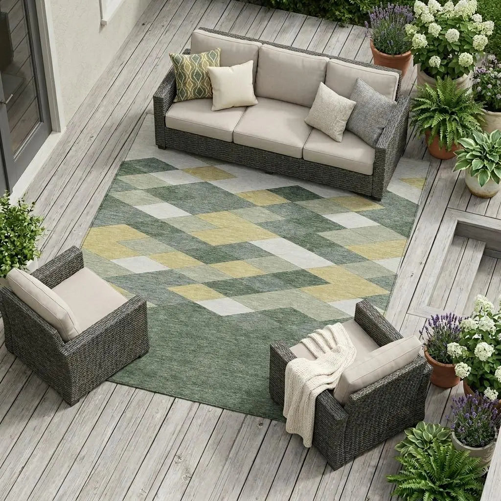 9' X 12' Green And Wheat Geometric Washable Indoor Outdoor Area Rug Homeroots Outdoor