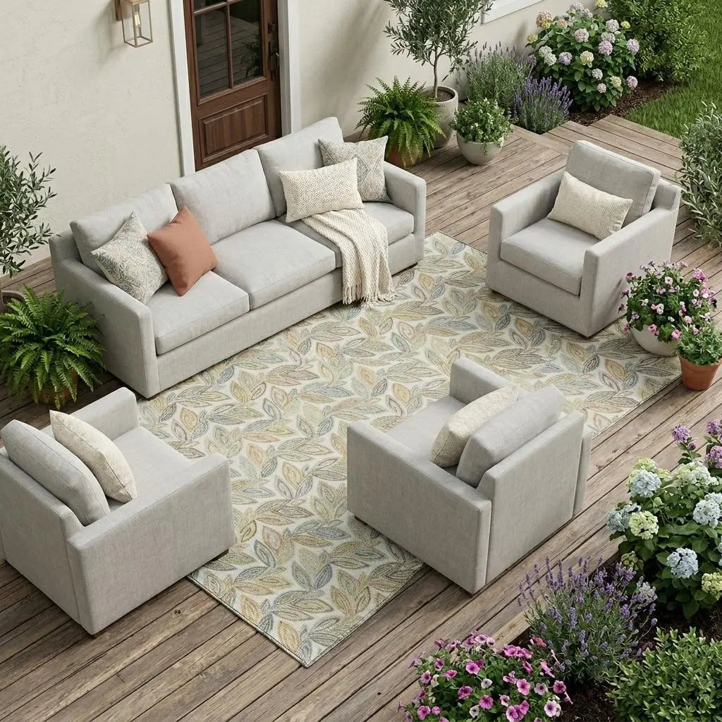 9' X 12' Ivory And Beige Botanical Leaves Washable Indoor Outdoor Area Rug Homeroots Outdoor