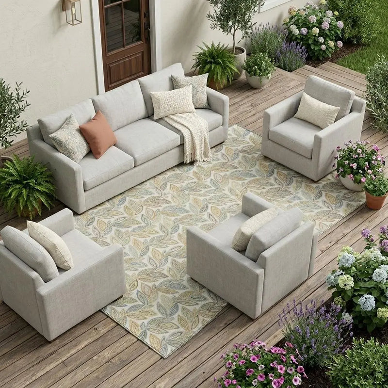 9' X 12' Ivory And Beige Botanical Leaves Washable Indoor Outdoor Area Rug Homeroots Outdoor